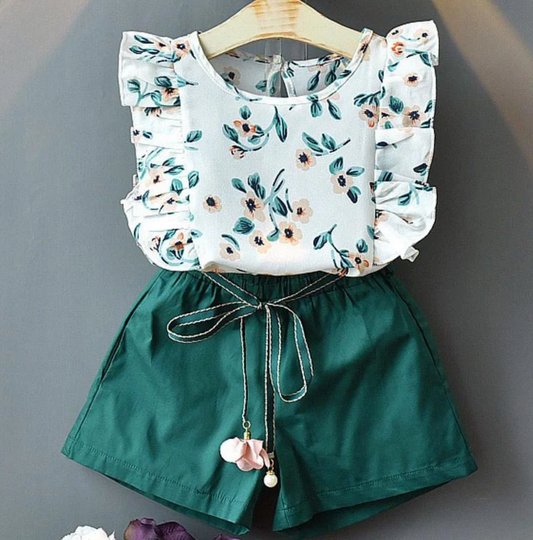 2pc Floral Ruffled Top & Belted Shorts